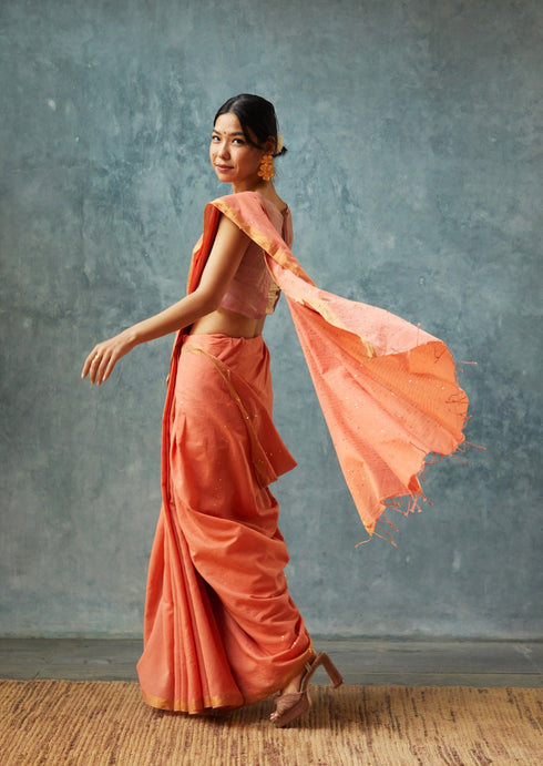 Handloom Orange Bengal Cotton Sequin Saree